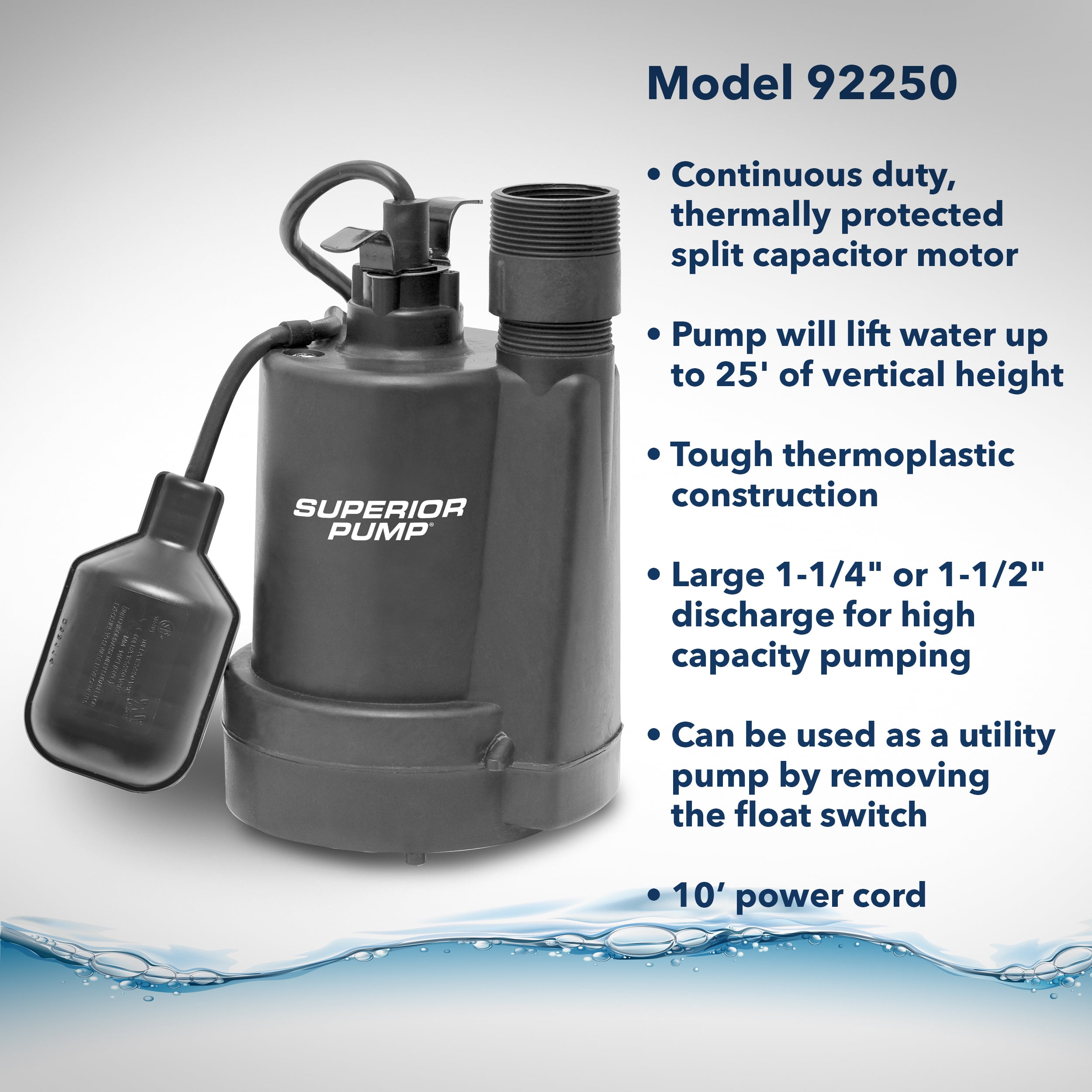 Superior Pump 92250 1/4 HP Utility Multi Use Water Sump Pump, Black, 6” x 5.25” x 9.5”
