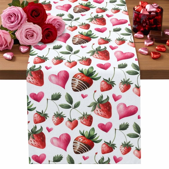 Valentine's Day Table Runner Strawberry Love Heart Table Runners Cherry Fruit Cotton Linen Dresser Scarf Kitchen Dining Table Decor for Valentines Wedding Party Decor 13x72 Inch
