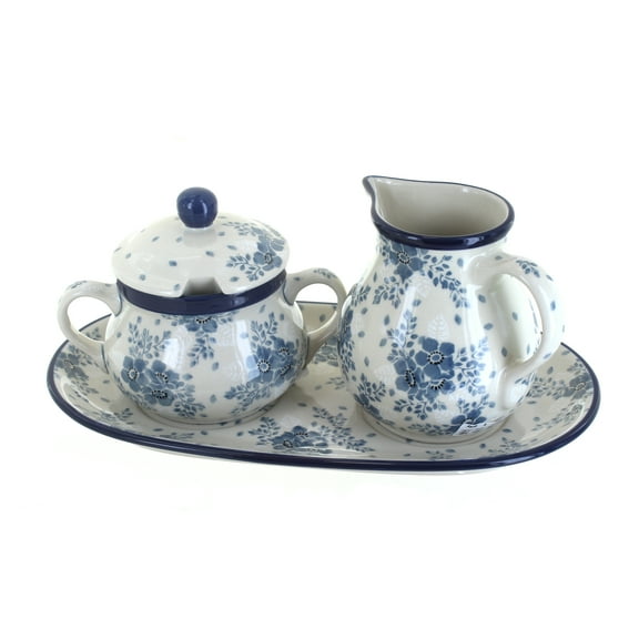 Blue Rose Polish Pottery Blue Fleur Large Cream & Sugar Set with Tray