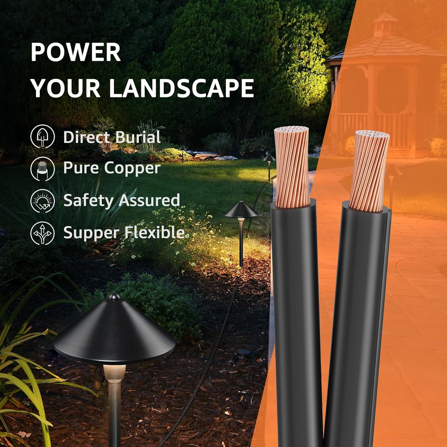 SUNVIE 100FT 12 Gauge Low Voltage Wire 12/2 for Landscape Lighting, Direct Burial Copper Wire