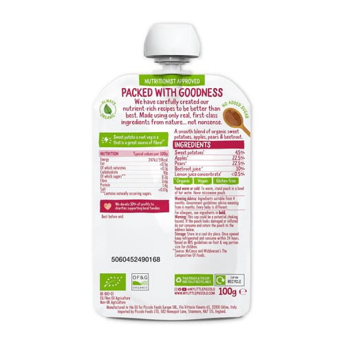 Piccolo Sweet Potato, Apple, Pear & Beetroot Organic Pouch, 4 mths+ 100g, British Import (Pack of 2)