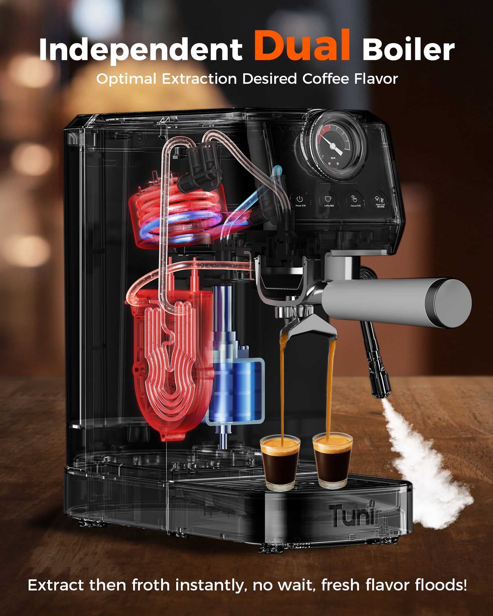 Tuni E2 58mm 𝐃𝐮𝐚𝐥 𝐁𝐨𝐢𝐥𝐞𝐫 Espresso Machine, 20 Bar UKLA Pump Espresso Maker with PID NTC System, Commercial Grade Stainless Steel Semi-automatic Coffee Machine, for Coffee Lovers