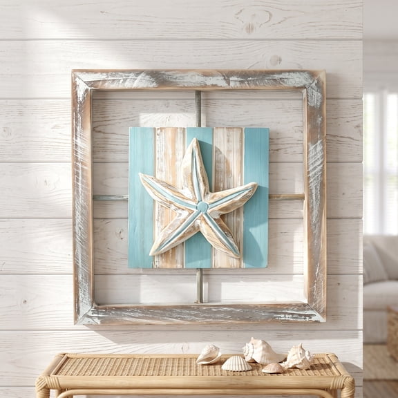 Cififendec Mediterranean Seashell Wall Plaques, 9.84", Wooden Distressed Frame 3D Coastal Hanging Art for Bedroom Beach Homestay Wall Decor