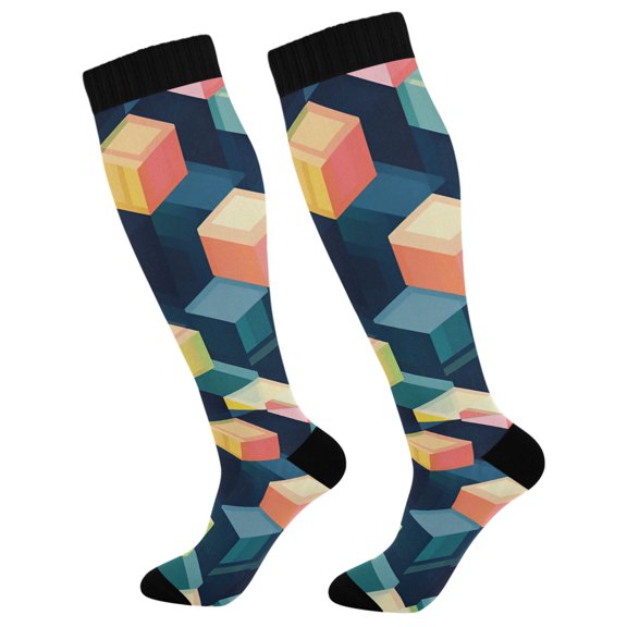 FORMRS Womens Knee High Socks Casual Long Thick Travel Daily Wear, 1 Pair, Blue Cubes