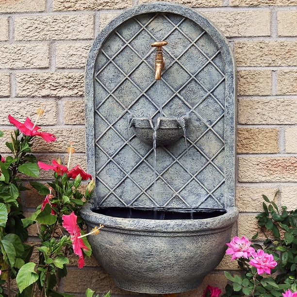 Sunnydaze Messina Outdoor Wall Water Fountain Waterfall Mounted Backyard Feature With Electric Submersible Pump French Limestone Finish 26 Inch Com Sunnydaze Messina Outdoor Wall Water, Outdoor Wall Fountains