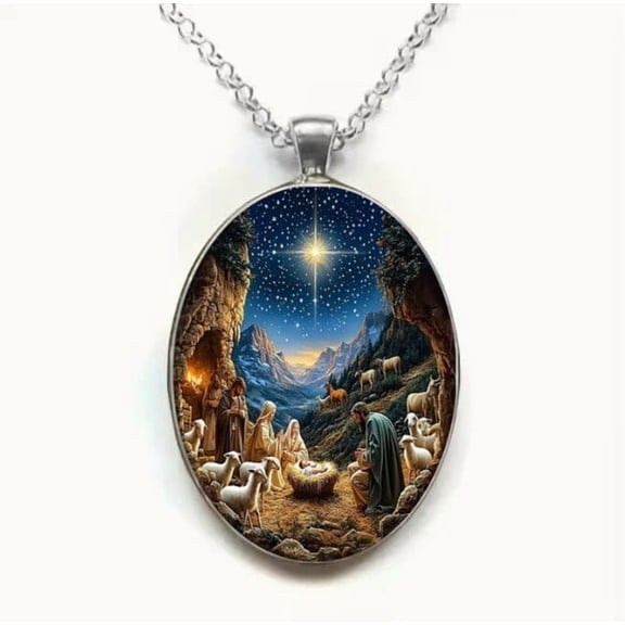 DAMAI Healing Nativity Necklace Under the Starry Night, Intricate Carved Design with Mary, Christian Birth of Jesus Pendant with Guiding Star & Shepherd Scene, Holidays Jewelry Accessories