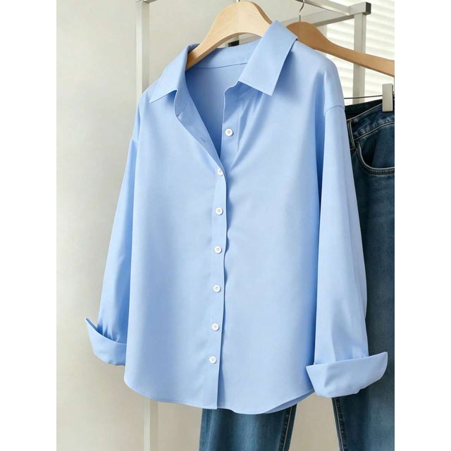 Blusa De Botones Azul Claro Para Mujer Estilo Minimalista