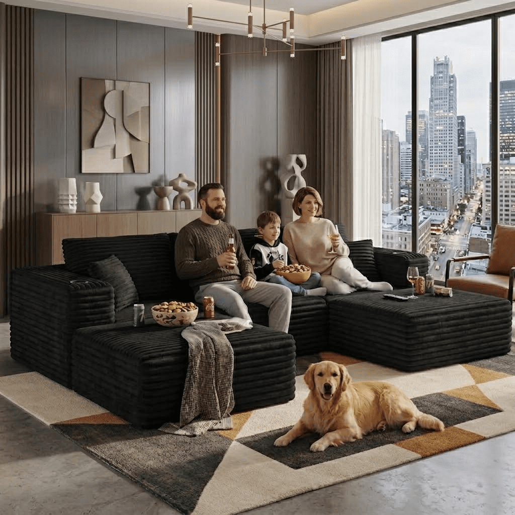 Howcool 133" U-Shaped Modular Cloud Couch Sectional Sofa, Oversized Deep Seat Corduroy Couch with Chaise, Boneless Memory Foam Sofa with Cup Holders & Side Pockets, No Assembly Required,Black