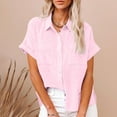 thumbnail image 2 of Lovskoo Cotton Linen Summer Tops for Women 2024 Button Down Collared Short Sleeve Tops Trendy Solid Color Button Shirt Lapel Loose T Shirt Blouse Pink, 2 of 7