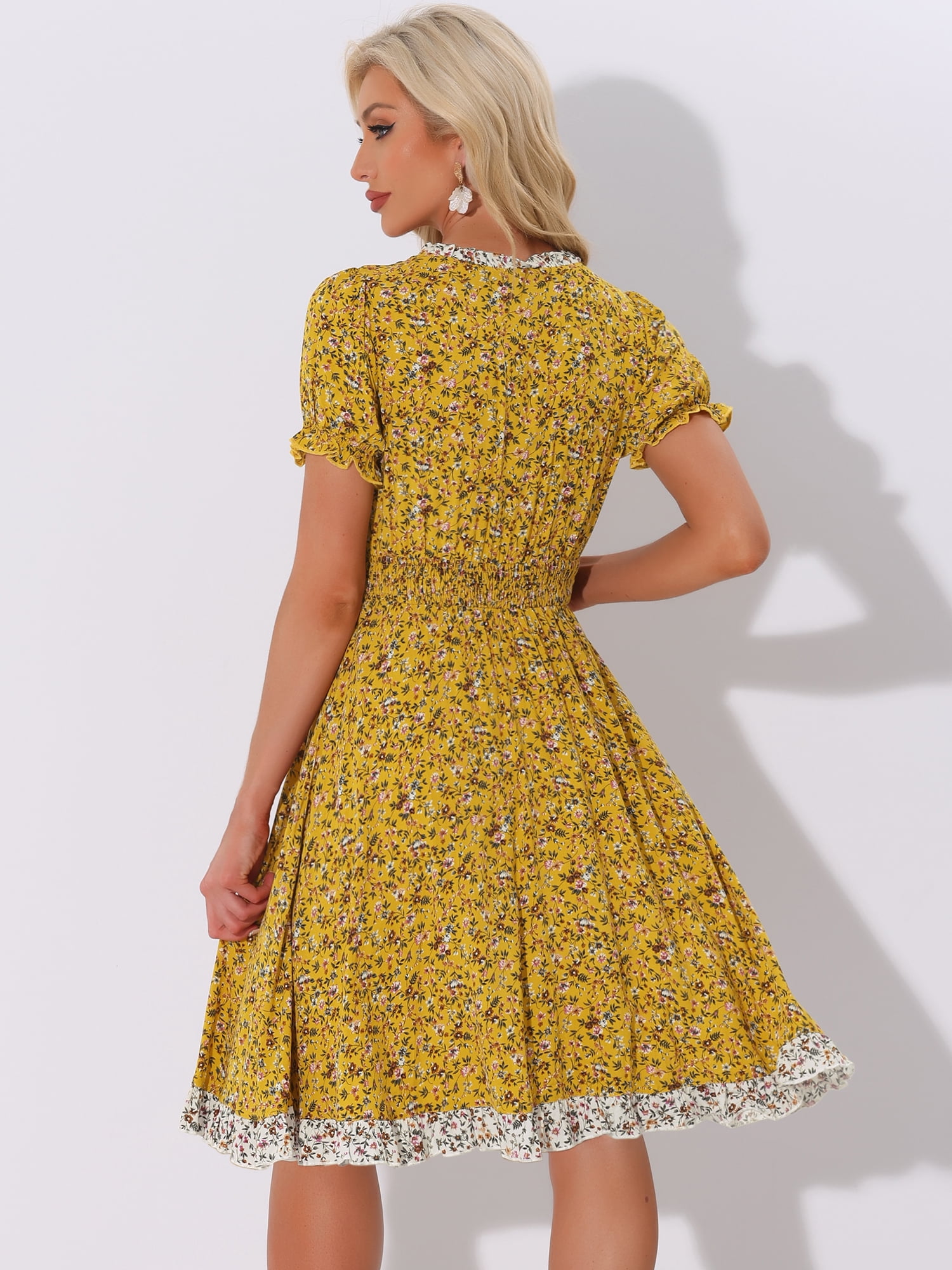 DARING DIVA Floral Ruffle Neck Smocked Waist Dress S Yellow