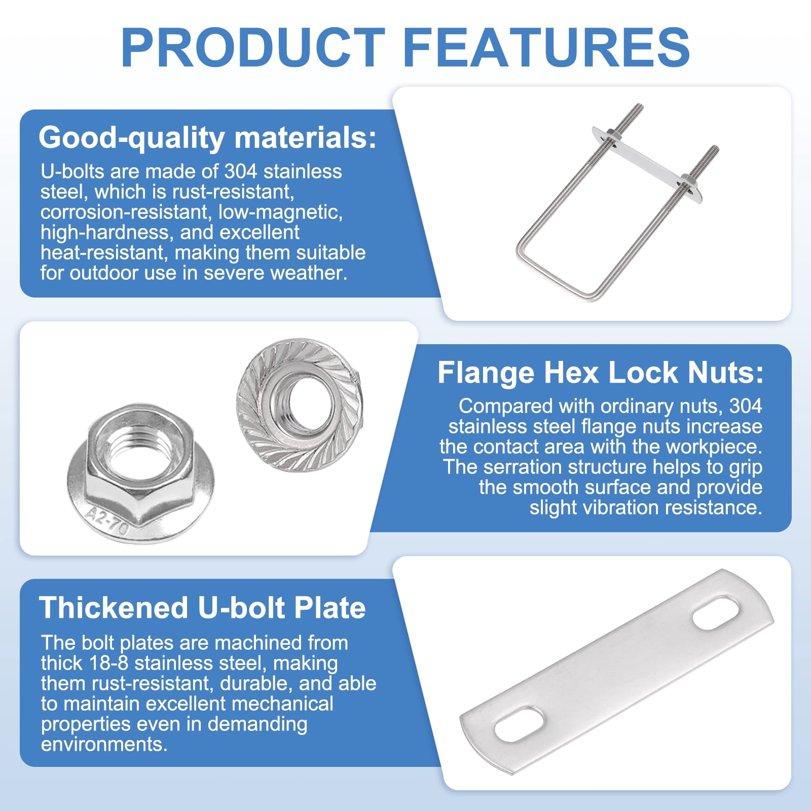 Uxcell 4 Set 2" Inner Wide Round U Bolts,  4-3/4" Length 304 Stainless Steel U-Bolts with Flange Hexagon Nuts, Frame Plates for Trailer, Automotive, (50mm W x 120mm L)
