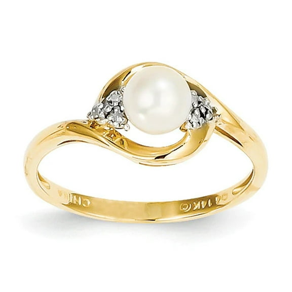 Finest Gold 14K FW Cultured Pearl & Diamond Ring, Size 7