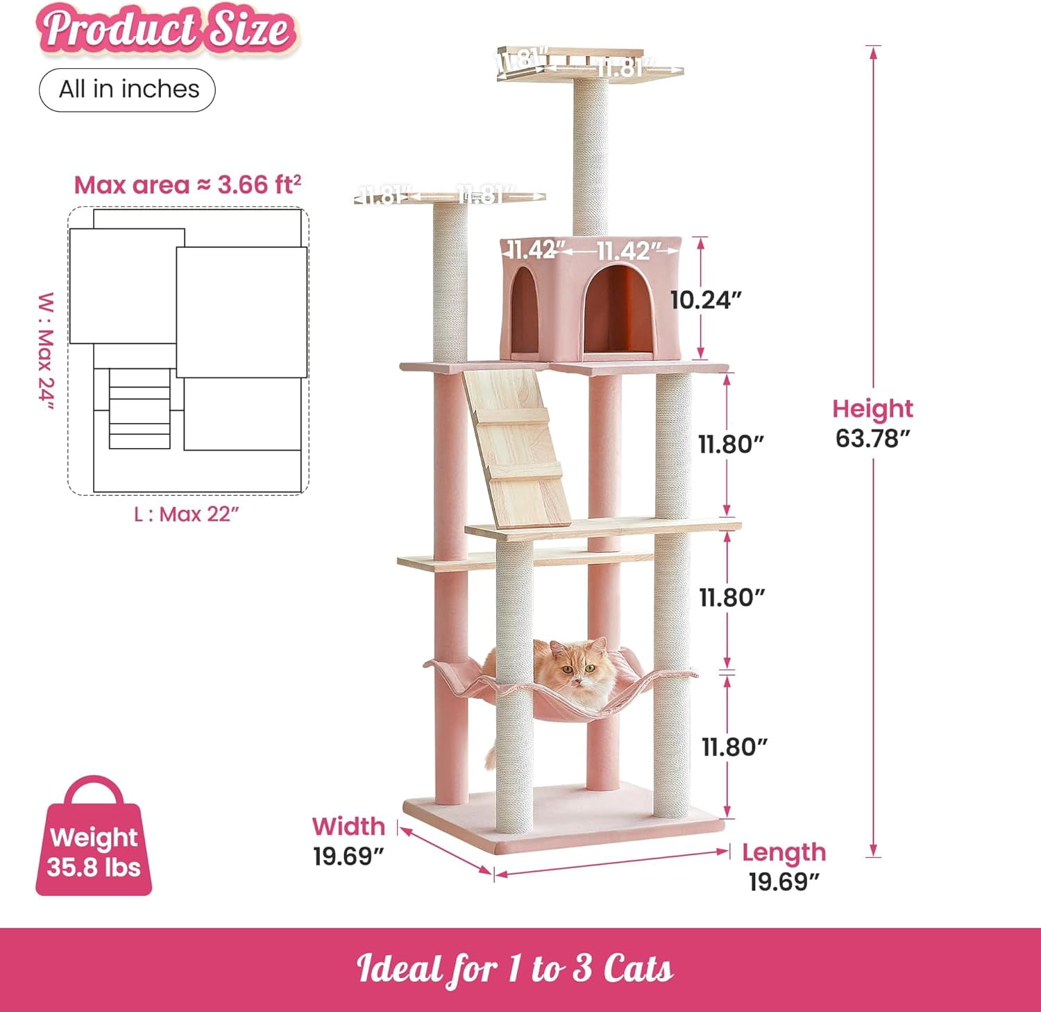 LEHOME Pink Modern Cat Tree for Indoor Cats, 63.8-Inch Multi-Level Tall Cat Tower with Cat Condo, Hammock, Woden Top Perch, Scratching Posts for Kittens & Adult Cats