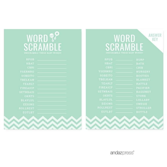 Word Scramble Mint Green Chevron Baby Shower Games, 20-Pack