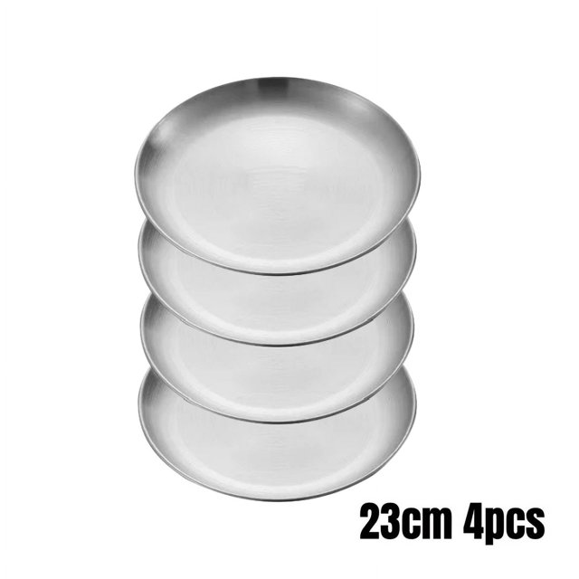 Stainless Steel Dining Dish Camping Picnic Tray Dirt Proof Kitchen Bar Tableware Fruit Snack Cake Plate Kitchen Accessories 4pcs 23cm