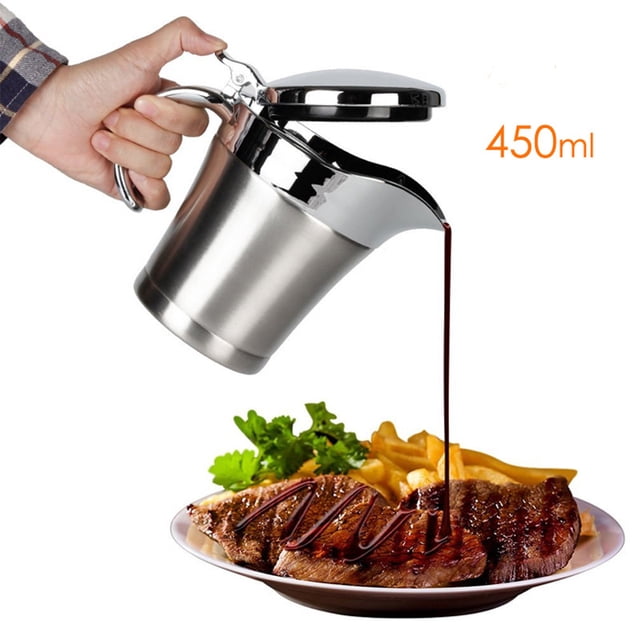 Casserole à Sauce, Bac à Sauce en Acier Inoxydable 304 à Double Couche Isolante avec Fini Argenté, Utilisé pour Verser de la Sauce sur une Assiette de steak, Frites et Garniture. la Casserole avec Couvercle à Pouce et Embout Anti-Goutte, Idéale pour Garder les sauces Chaudes Ou les Liquides Froids. Taille : 132 x 127 x 76 mm, Capacité de 450 ml.