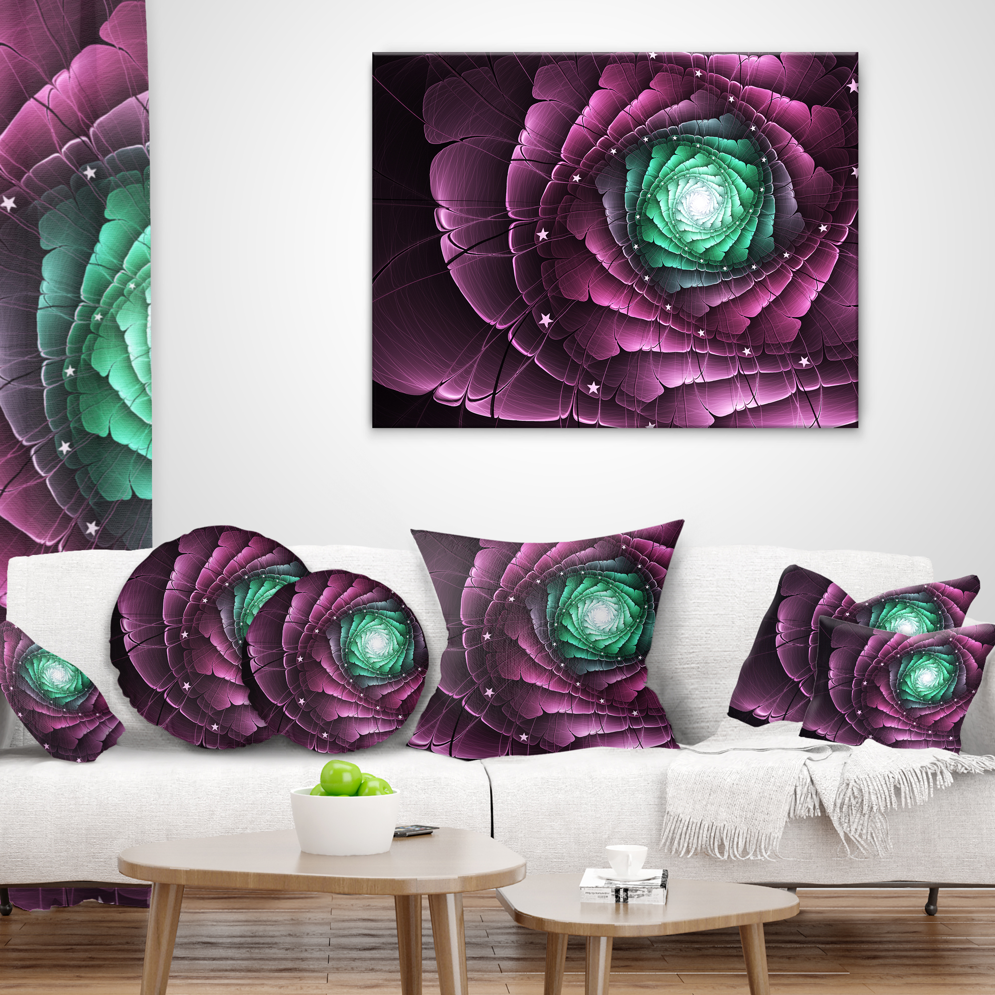 Designart Fractal Flower Green Purple Digital Art - Floral Throw Pillow - 18x18