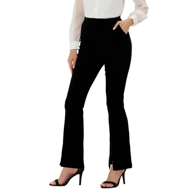 Women's Casual Solid Slit Front High Waist Pocket Flare Pants