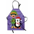 thumbnail image 1 of Elf Apron, Cheerful Elf and Penguin Celebrating Merry Christmas Holiday Theme, Unisex Kitchen Bib with Adjustable Neck for Cooking Gardening, Adult Size, Blue Violet Multicolor, by Ambesonne, 1 of 4
