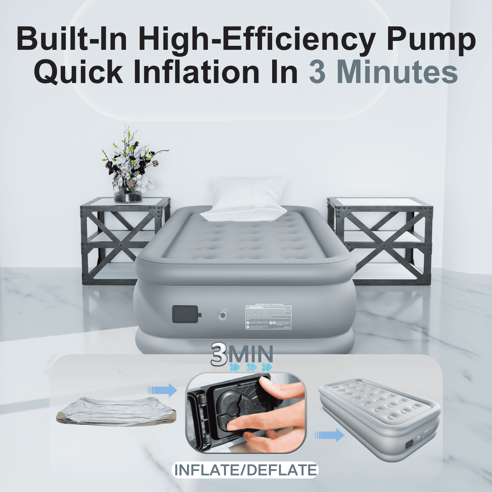 Twin Air Mattress with Built-in Wireless Pump-Inflatable Bed for Camping&Guests,All Fabric Cooling Toppe,18"Gray,3 Minutes Inflation