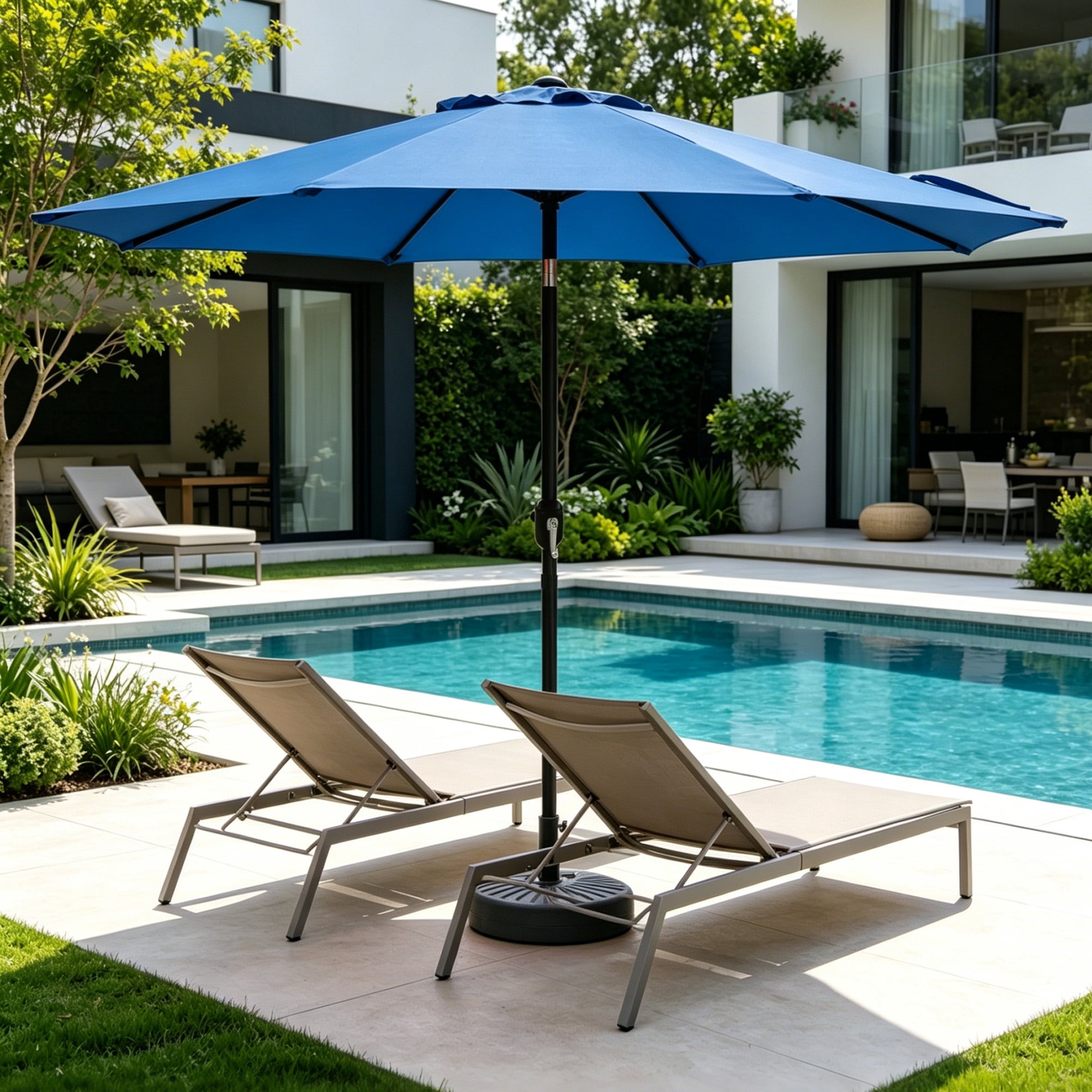 Kool 9 ft Outdoor Patio Market Umbrella with Push Button Tilt and Crank Handle, 8 Steel Ribs, Blue