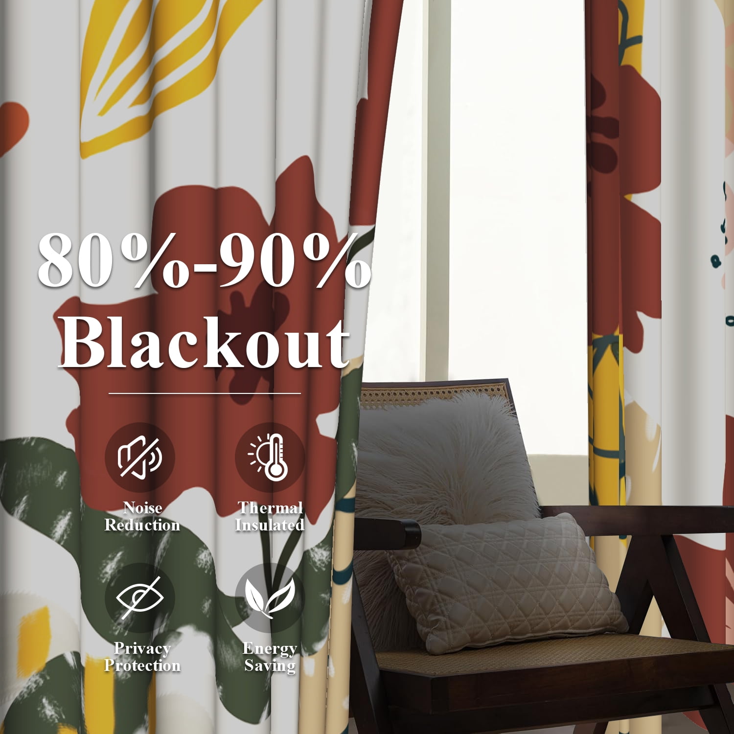 Mizhona Boho Floral Blackout Curtains for Living Room Country Window Curtain Set of 2,52"x96"