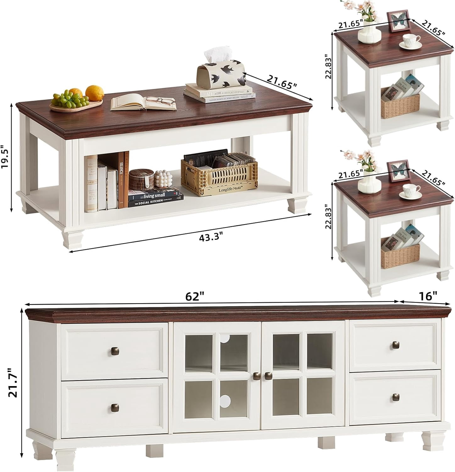 LELELINKY Farmhouse TV Stand and Coffee Table Set 4, Rustic Wood Living Room Table Set with TV Console, Center Table, 2 Pcs End Table for Hall, White