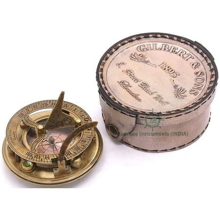 Roorkee Instruments Antique Nautical Vintage Directional Magnetic Sundial Clock Pocket Compass with Leather Case, Bronze,