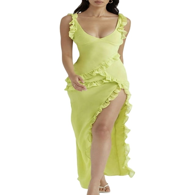 PENGXIANG Volants Profond V-Cou Bretelles Longues Robe pour les Femmes Y2k Dos Nu Haute Split Robes de Soirée d'Été