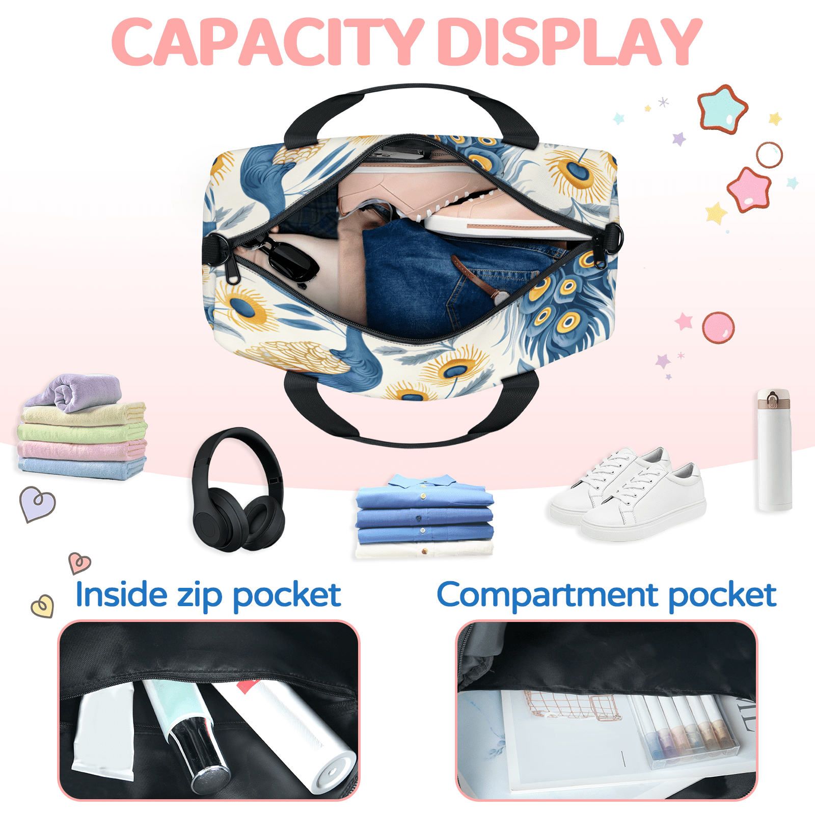 Herdesigns Peacock Travel Duffle Bag Sports Yoga Weekender Overnight Carry on Workout Bags Lightweight Waterproof Gym Tote Bag for Women Blue Bird