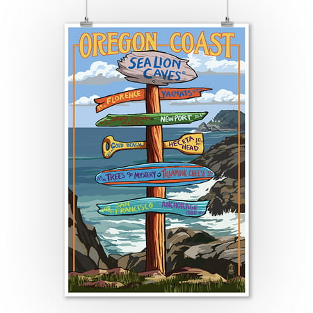 Sea Lion Caves, Oregon Coast - Destinations Sign - Lantern Press Artwork (9x12 Art Print, Wall Decor Travel