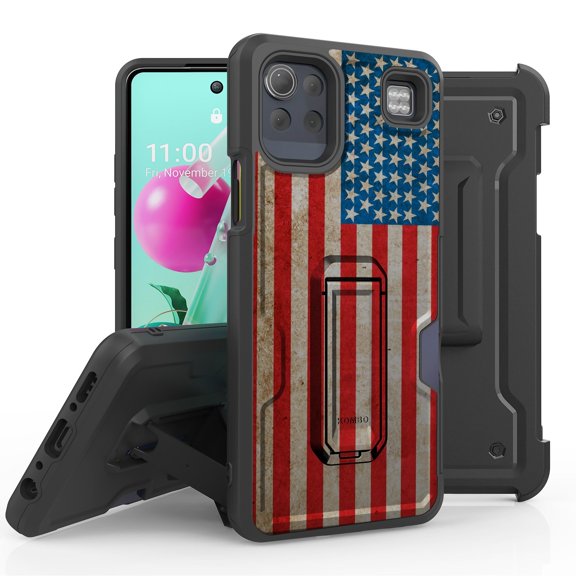 ANJ  Rugged Hybrid Shockproof Case w/Kickstand   Holster Clip Card Slot Cover for LG K92 5G - American Flag