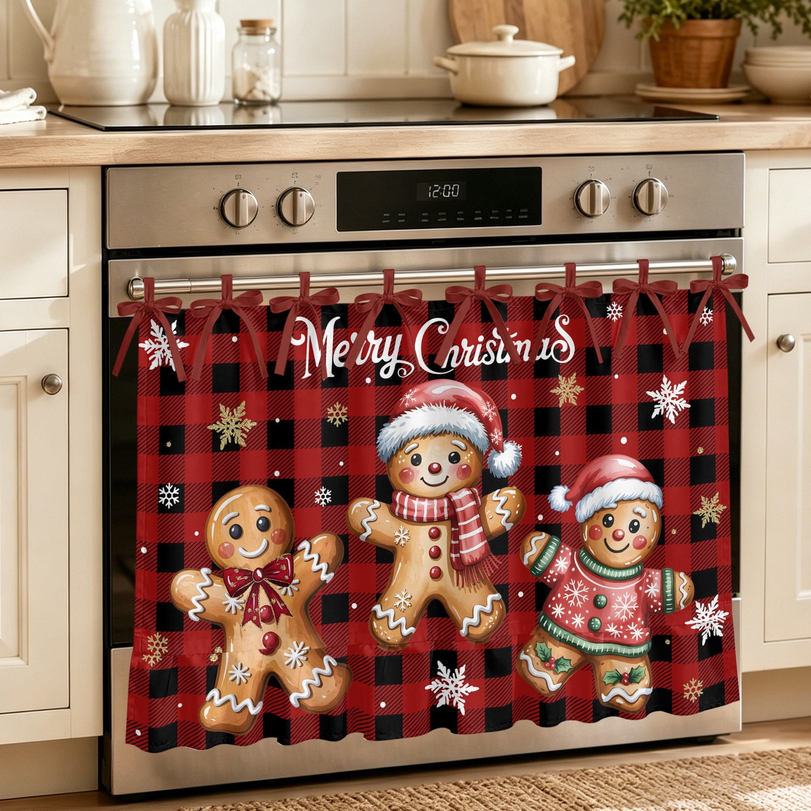 Oven Curtain for Kitchen Christmas Ginger Bread Man Snowflakes Stove Curtain With Ruffled Trim Dishwasher Curtains Red Buffalo Plaid Oven Skirt 32 x24