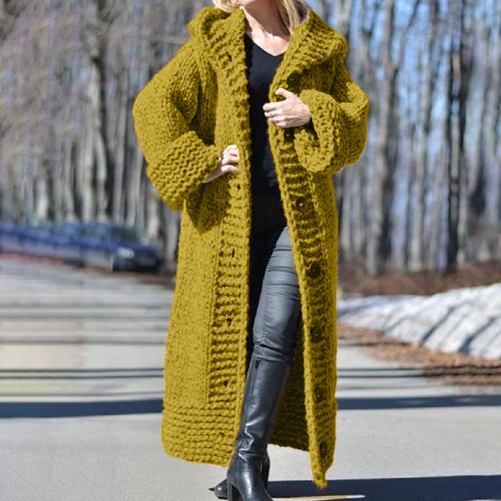 GRACE KARIN Women Open Front Knitted Cardigan Sweater Long Sleeve Long Knitting Trench Jumper with Pockets