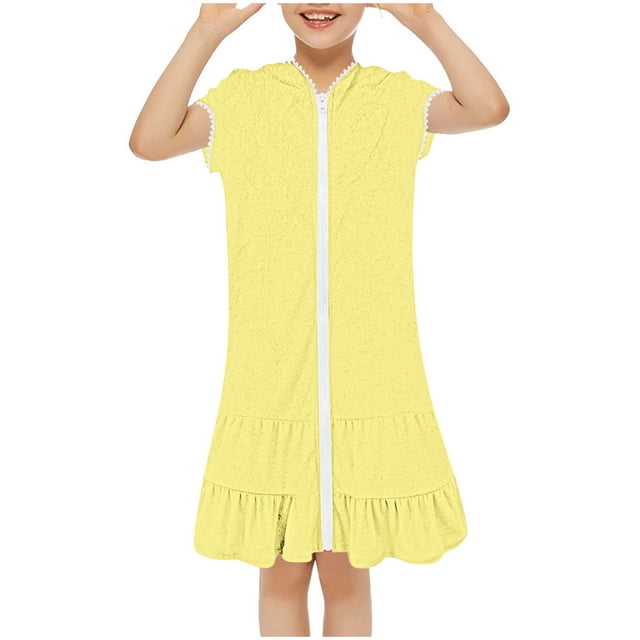 Odeerbi 1-8 Años Traje de Baño Con Capucha Para Niñas Traje de Baño de Rizo Con Cremallera Bata de Playa Bata de Baño de Verano