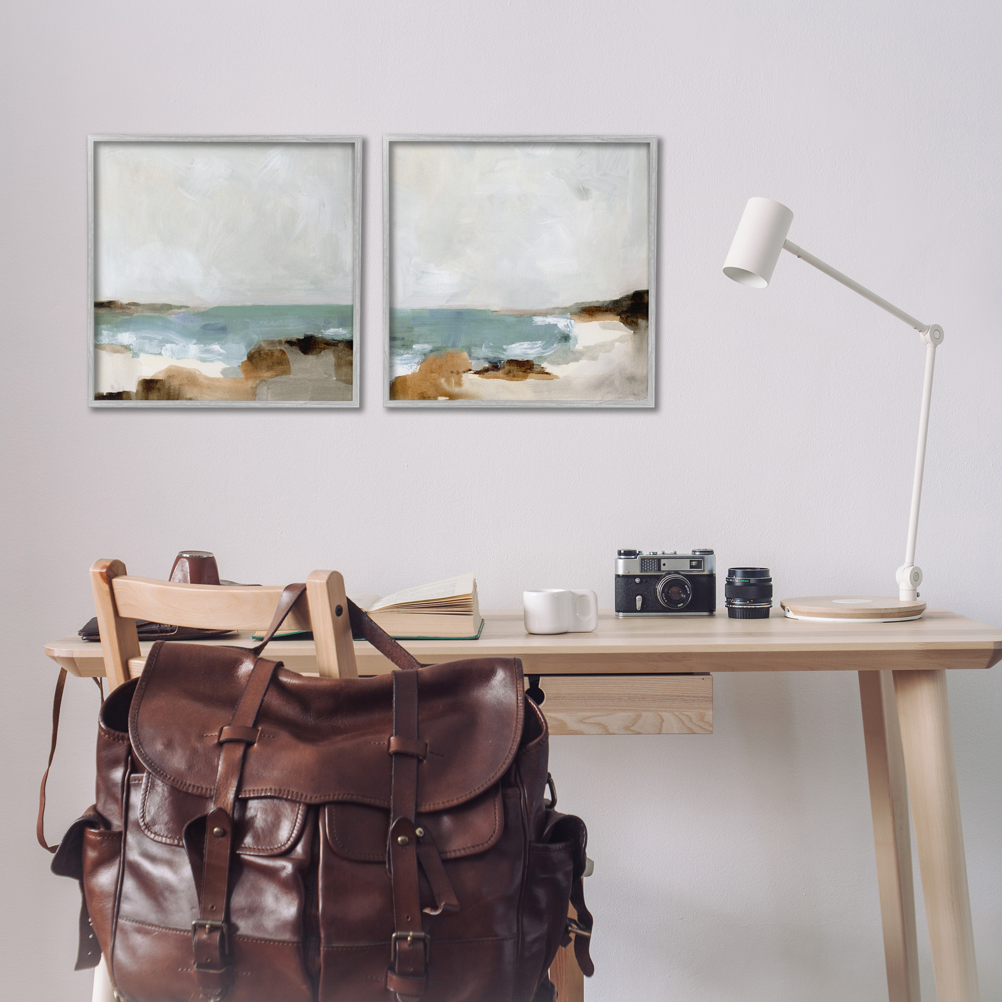 Stupell Industries Abstract Beach Cove Landscape Cliffs Nature Painting Gray Framed Art Print Wall Art, 17 x 17, Set of 2