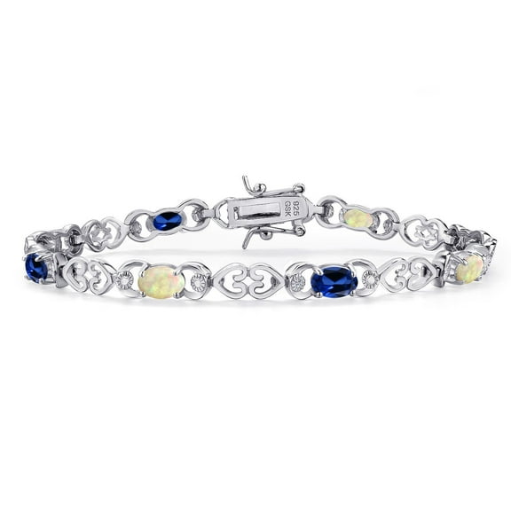 925 Sterling Silver White Ethiopian Opal and Blue Created Sapphire and Lab Grown Diamond Bracelet for Women | 3.69 Cttw | Gemstone October Birthstone | Oval Cabochon 6X4MM | Length 7.25 inches