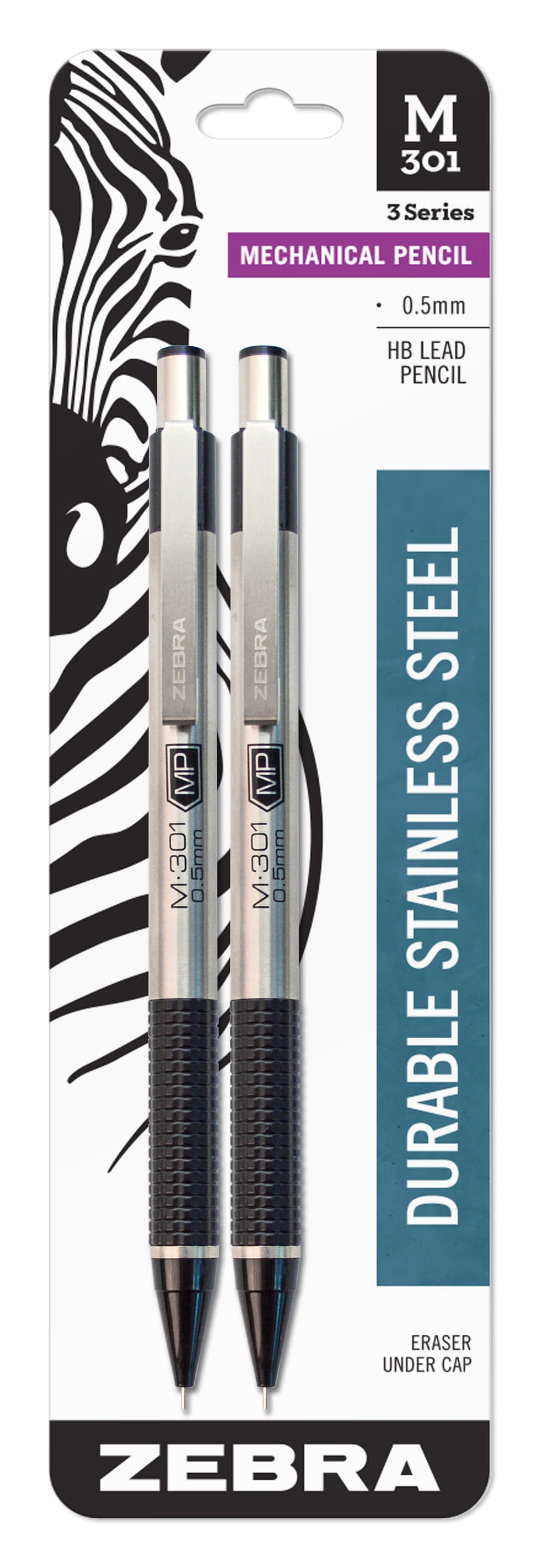 Zebra Pen M-301 Stainless Steel Mechanical Pencil, 0.5mm Point Size, Standard HB Lead, Black Grip, 2-Count