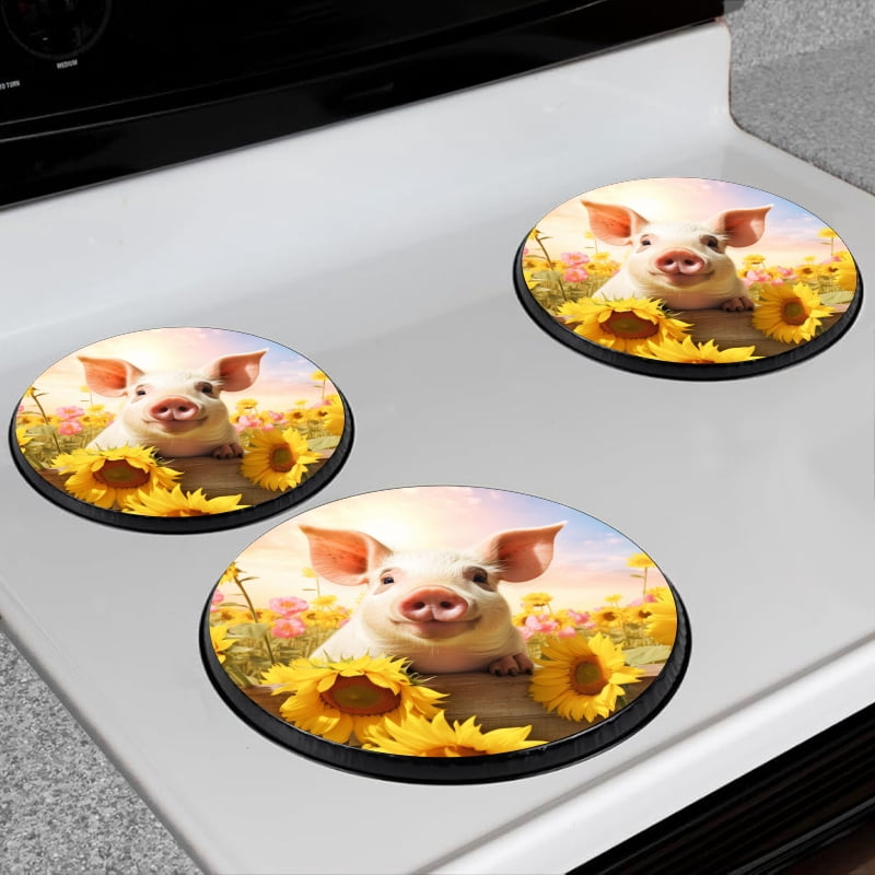 Bahomeck Electric Stove Burner Covers Set Of 4,Cute Pig In A Sunflower Field Metal Gas Stove Burner Covers,Protecting Gas Stoves,8 Inch And 10 Inch