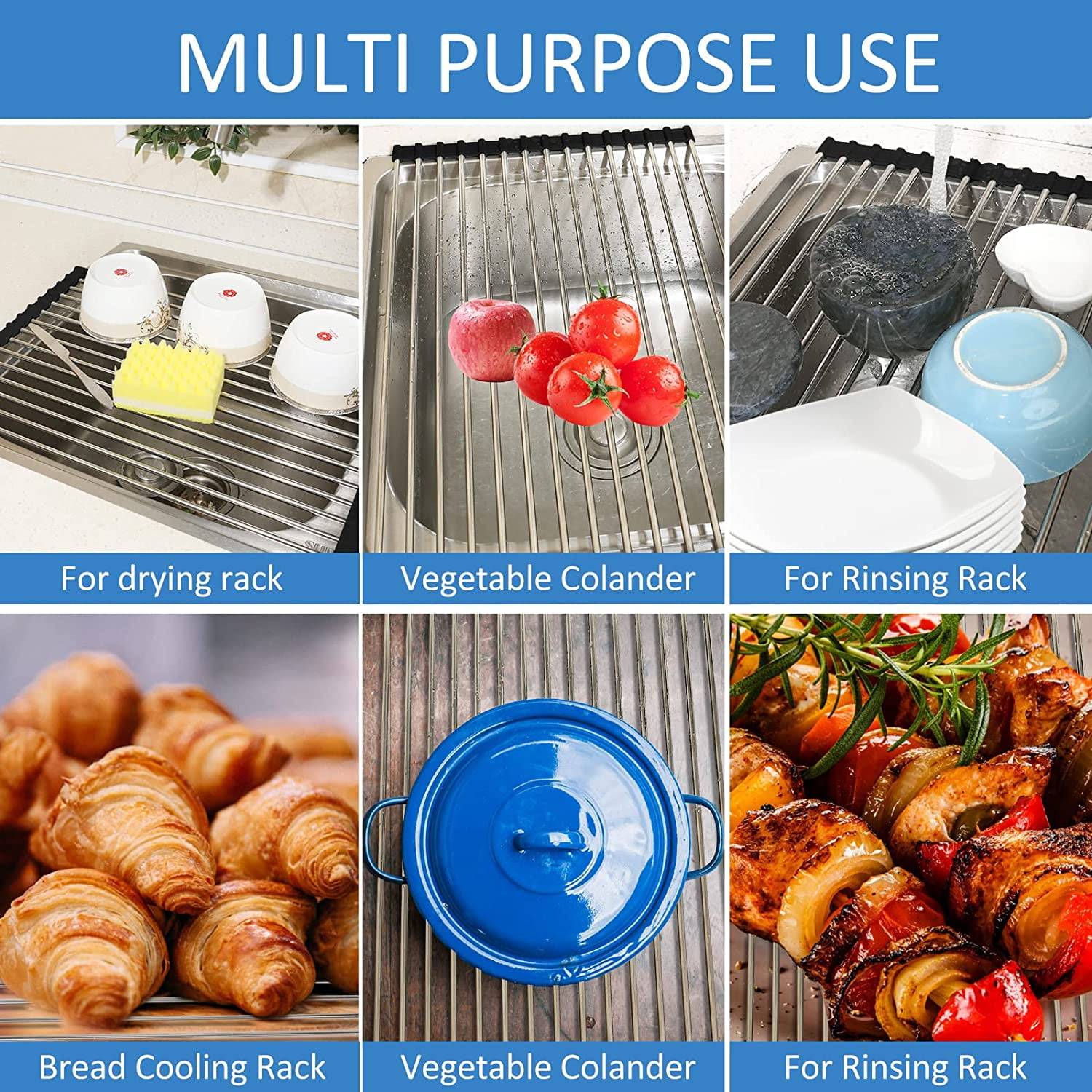 Dish Drying Rack Roll Up Dish Racks Multipurpose Foldable Stainless Steel Over Sink Kitchen Drainer Rack for Cups Fruits Vegetables Black 20.47in X 15.35in