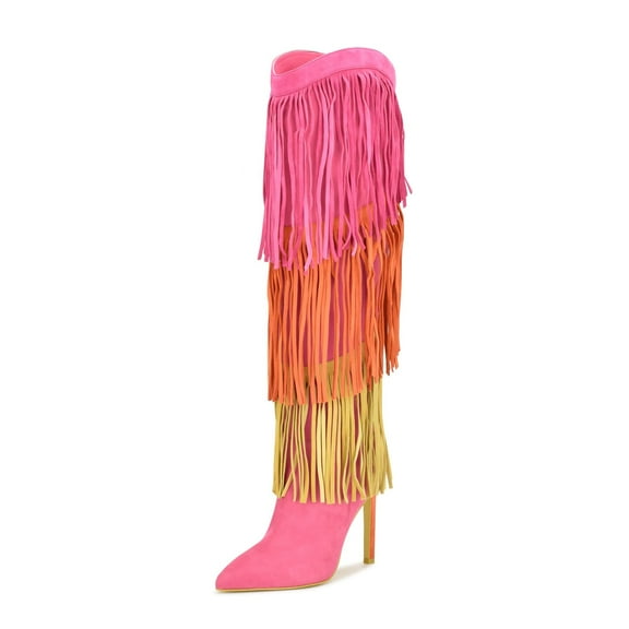 Nine West Tasels Pink Multi Pointy Toe Stiletto Heel Fringe Trim Knee High Boots (Pink Multi, 5)