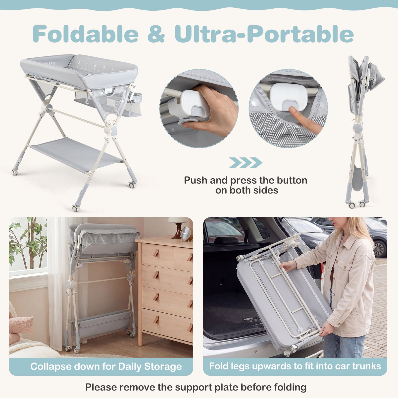 Babyjoy Baby Changing Table, Foldable Diaper Changing Station with Storage Bag & Shelf Gray