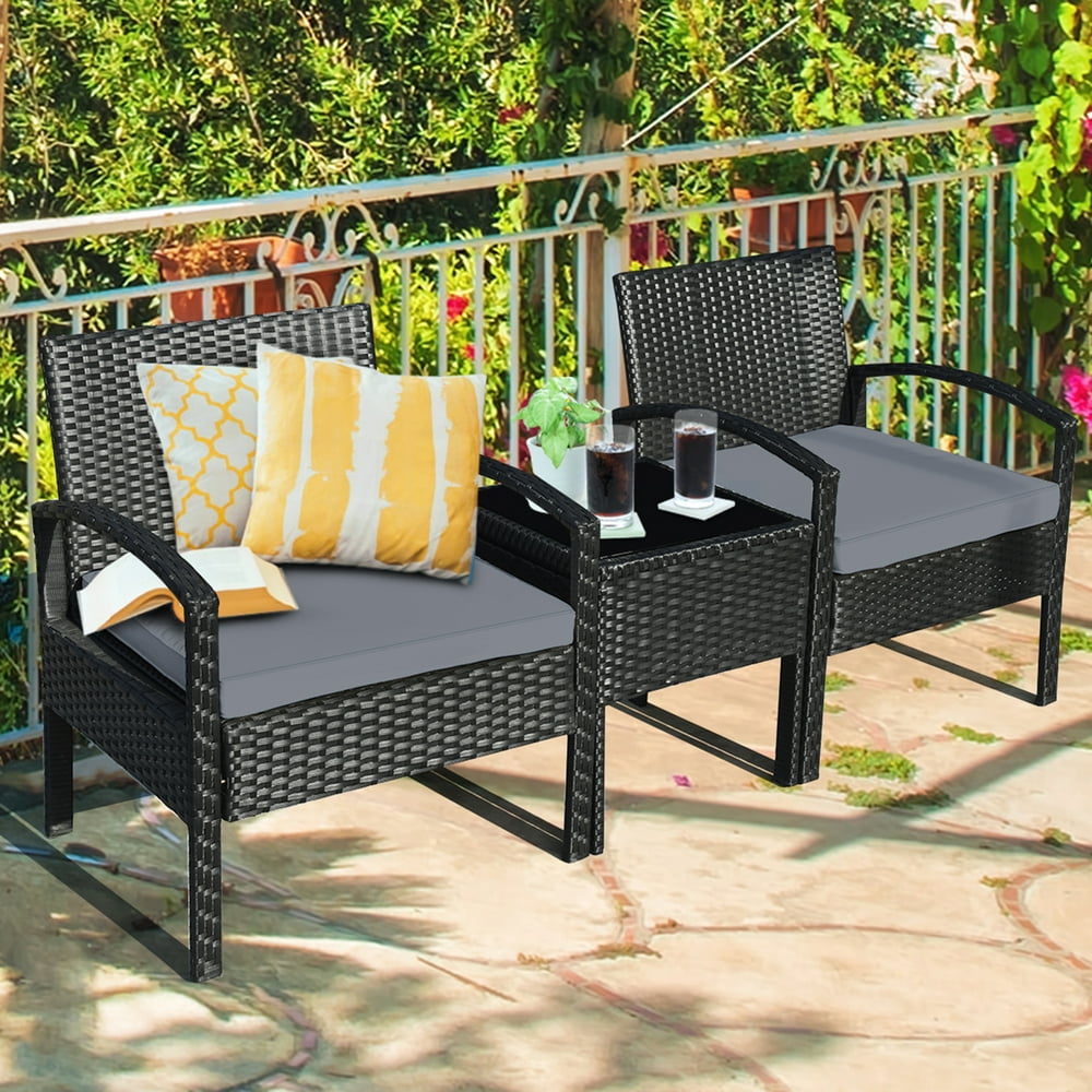 Gymax 3PCS Patio Rattan Conversation Furniture Set Outdoor Yard w/ Grey Cushions