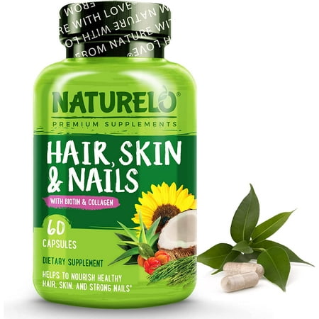 NATURELO Hair, Skin and Nails Vitamins - 5000 mcg Biotin, Collagen, Natural Vitamin E - Supplement for Healthy Skin, Hair Growth for Women and Men – 60 Capsules