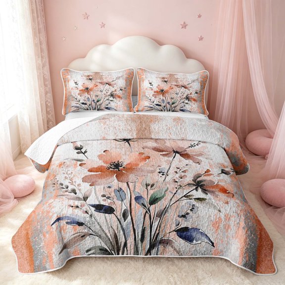Erosebridal Chic Floral Twin Quilt Set, Vintage Flower Twin Coverlet Set, Gray Reversible, Terracotta Taupe, 2-Piece (1 Bedspread and 1 Pillowcase)
