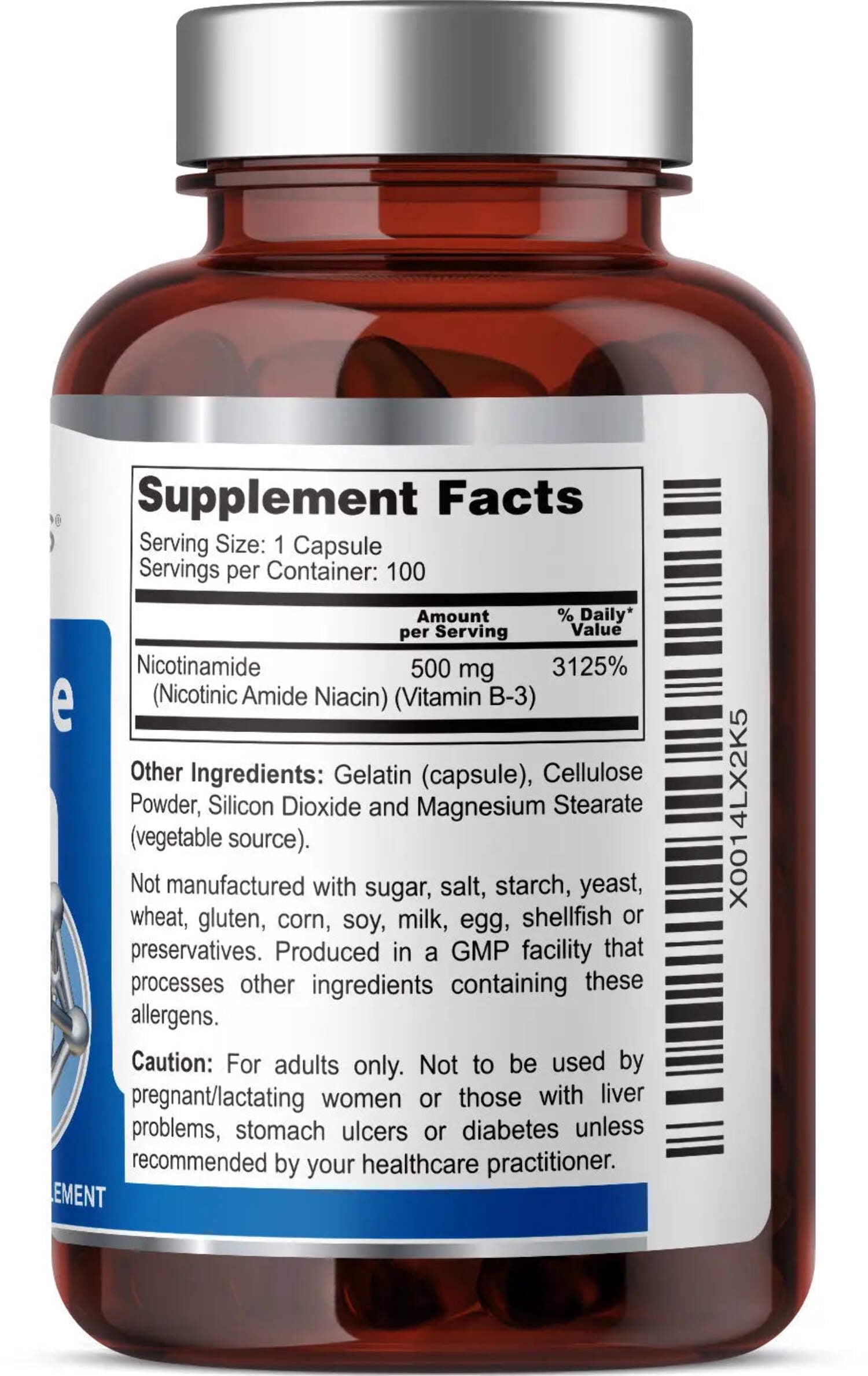 Health Genesis B-3 Nicotinamide 500 mg 100 Caps - Flush-Free Niacin Formula for Skin & NAD+ Support