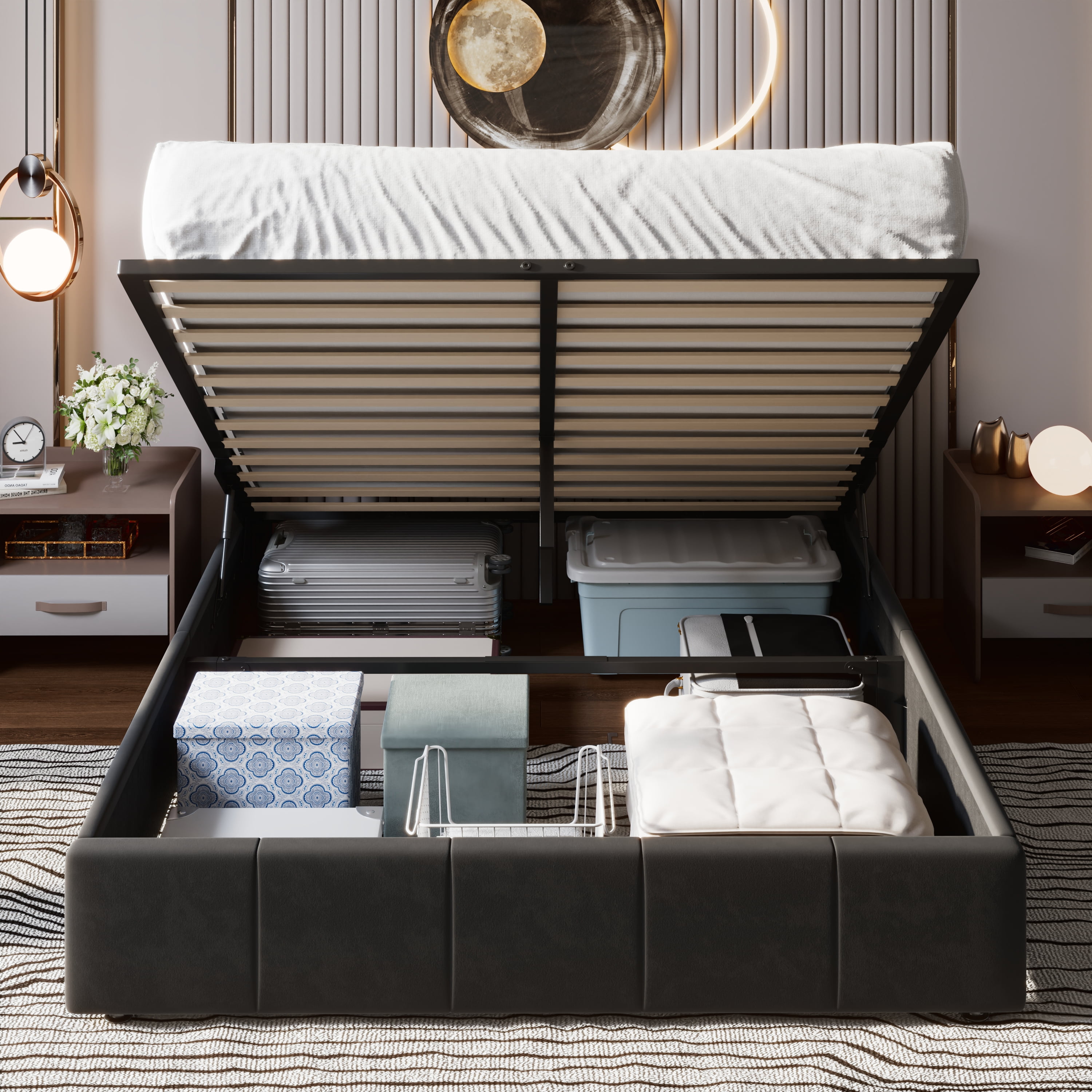 Einfach Queen Size Storage Bed Frame, Lift Up Velvet Platform Bed with Adjustable Upholstered Headboard, No Box Spring Needed, Black