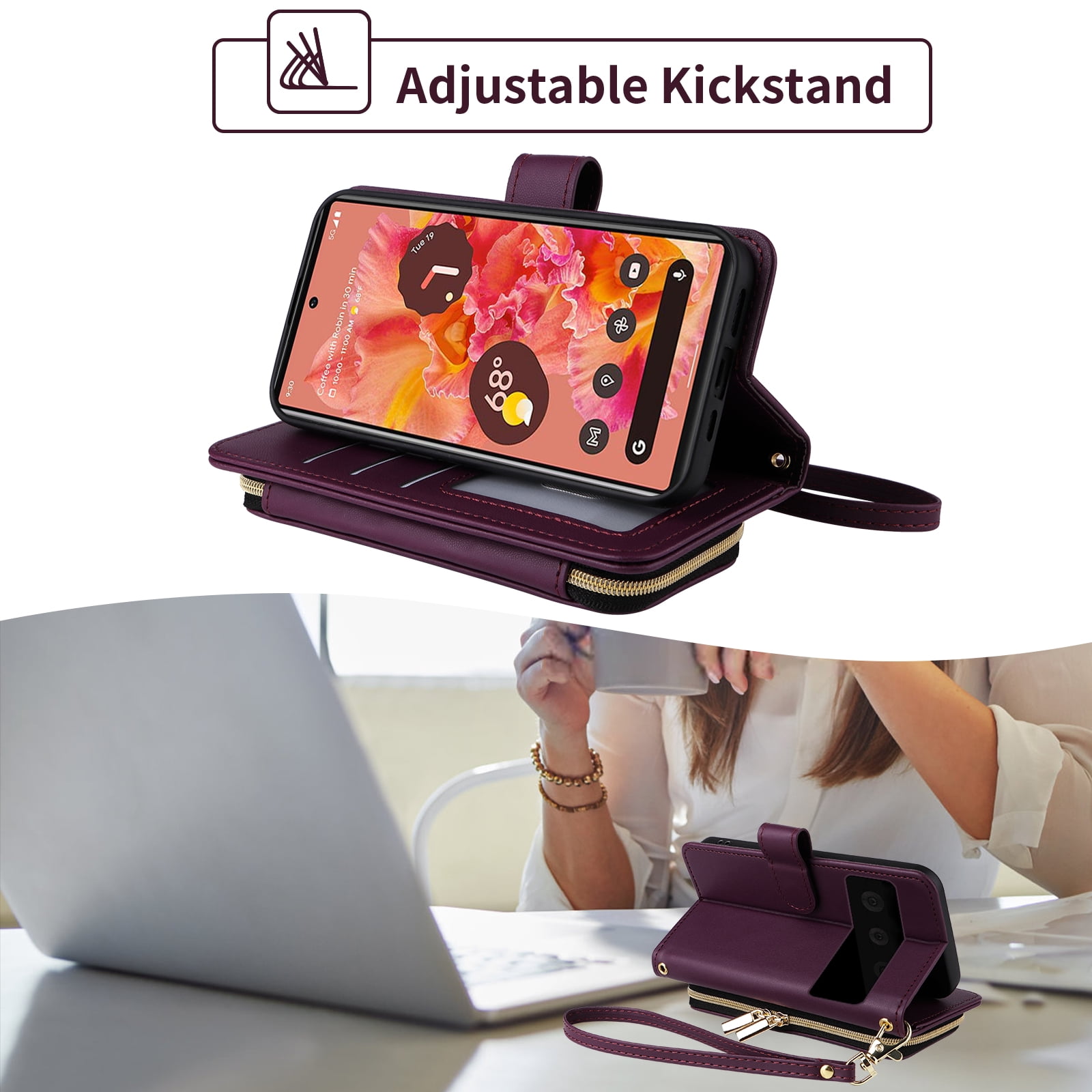 Furiet Wallet Case for Google Pixel 6 with Detachable Wrist/Crossbody Shoulder Strap Card Slot Zipper Purse Luxury PU Leather Card Holder Stand Cell Phone Cover for Pixel6 Pixle Six Women Deep Purple