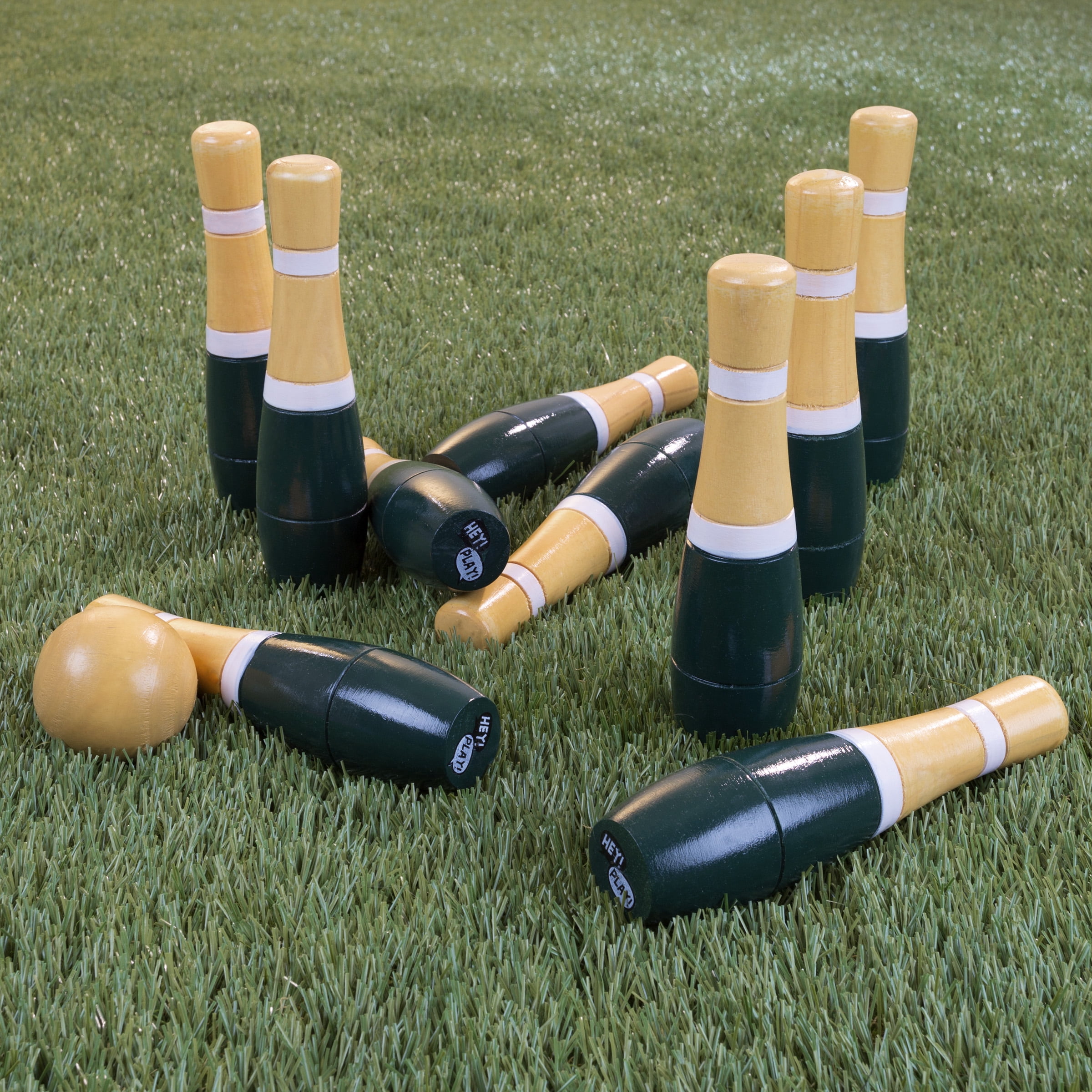 Lawn Bowling Game/Skittle Ball- Indoor/Outdoor Fun for Kids, Adults –10 Wooden Pins, 2 Balls, and Mesh Bag Set by Hey! Play! (8 Inch - Green/White)