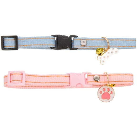 IBASETOY Cute Kitten Collar Cat Soft Collar Jeans Pink Round Bell 2Pcs